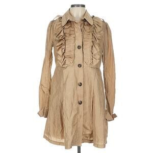 Anthropologie Ryu Ruffle Front Champagne Metallic Trench Coat Size L Feminine